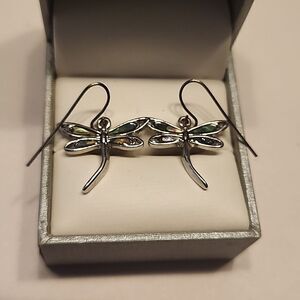 Abalone Dragonfly Earrings Silver Tone Dangle Drop Womens